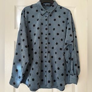 ZARA Oversized Corduroy Blue Polka Dot Button-Up Shirt size L